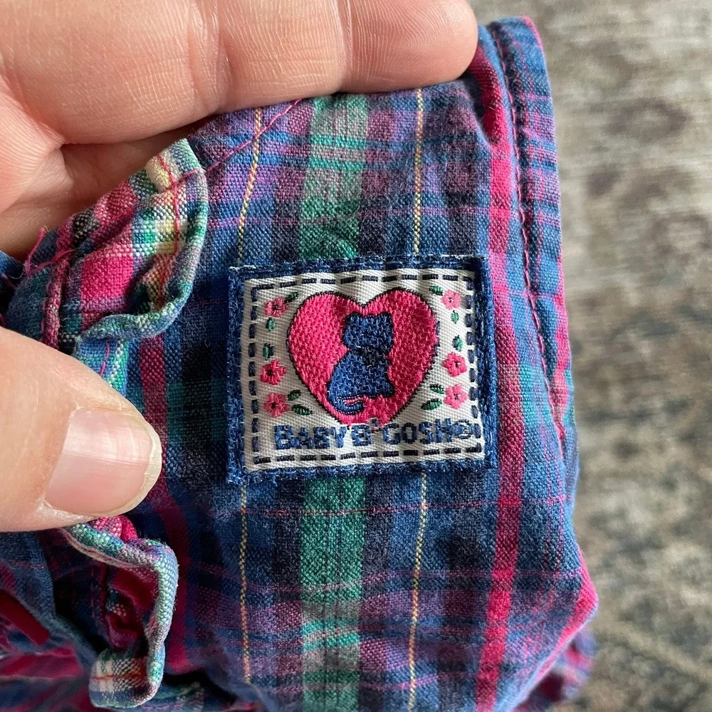 OshKosh B'gosh Romper Pink Plaid Ruffle Heart Patch Baby Girl 6-9M Vintage